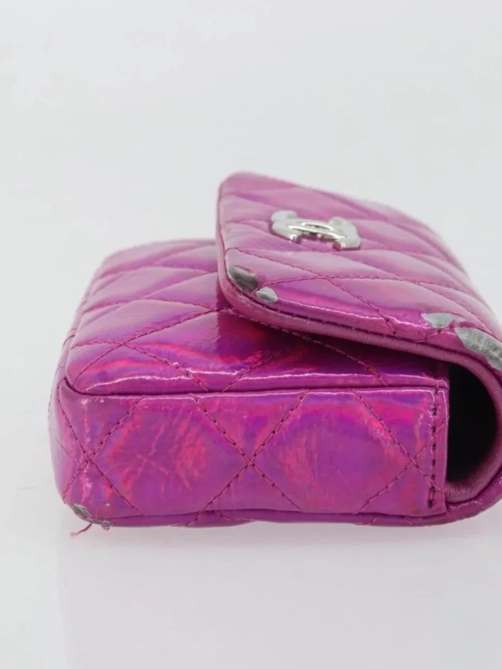 CHANEL Matelasse Carabiner Pouch Patent leather Pink Silver CC Auth YKZ1380A